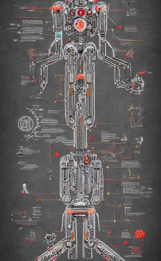 Image similar to anatomy of the terminator, robot, cyborg, t100, bloodborne diagrams, mystical, intricate ornamental tower floral flourishes, rule of thirds, technology meets fantasy, map, infographic, concept art, art station, style of wes anderson