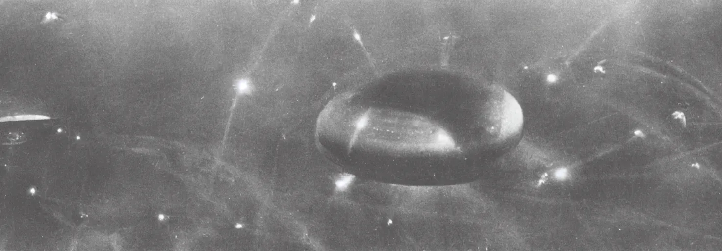 Image similar to Invasion of an alien life form in Germany, black and white photography, World War II, destruction, ufo, flying saucers, laser weapons, outerspace, technology