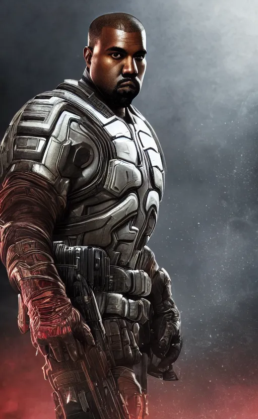 Image similar to Portrait of Kanye West as captain america in Gears of War, splash art, movie still, cinematic lighting, dramatic, octane render, long lens, shallow depth of field, bokeh, anamorphic lens flare, 8k, hyper detailed, 35mm film grain