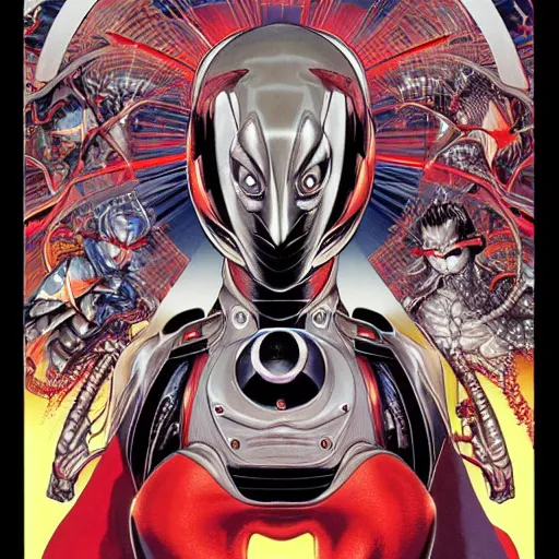 Image similar to portrait of crazy ultraman, symmetrical, by yoichi hatakenaka, masamune shirow, josan gonzales and dan mumford, ayami kojima, takato yamamoto, barclay shaw, karol bak, yukito kishiro