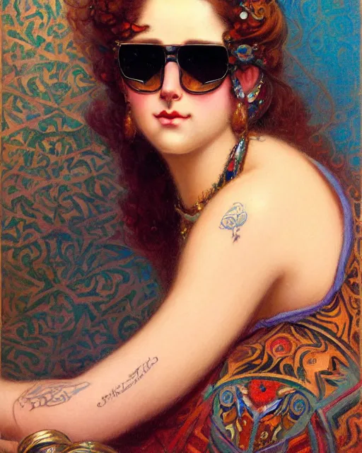 Prompt: an attractive girl with tattoos wearing sunglasses and a patterned dress surrounded by geometric patterns. highly detailed painting by gaston bussiere, craig mullins, j. c. leyendecker 8 k