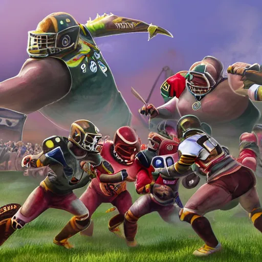 Image similar to high quality digital art of blood bowl teams fighting on a pitch, surrounded by crowds, good weather, referee blowing a whistle