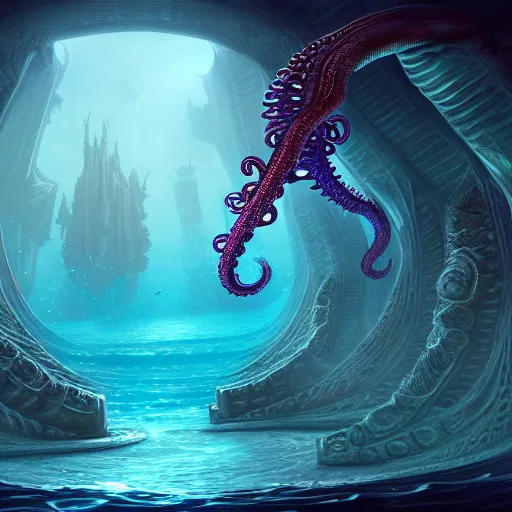 Image similar to beautiful digital fantasy illustration of an underwater city surrounded by tentacles, the forge of worlds, concept art by xul solar, two hands reaching for a fish, fractalism, high detail texture, unreal engine, 8 k, photographic quality, ultra hyper realistic quality, 8 k definiton, hyper - realistic, cinematic, cinematic lighting