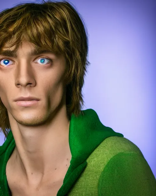 Image similar to dramatically - lit closeup portrait photograph of norville shaggy rogers from the scooby - doo live - action film ( 2 0 0 2 ), sharp details, vignette, high saturation, smooth textured skin, subsurface scattering, photograph by mark mann and martin schoeller, 4 k, soft focus, centered, symmetrical