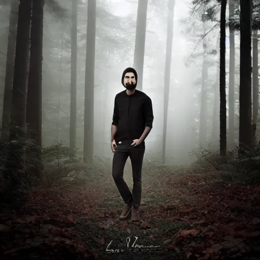 Image similar to a long, dark haired man, 2 8 years old, five o'clock shadow casually dressed, cinematic, gloomy forest background, realistic, digital art, character art, 8 k