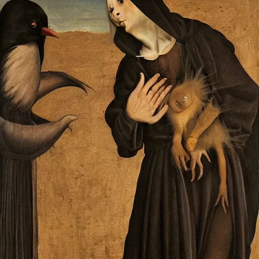 Prompt: goblin in black hooded cloak holds hand over bird, renaissance painting