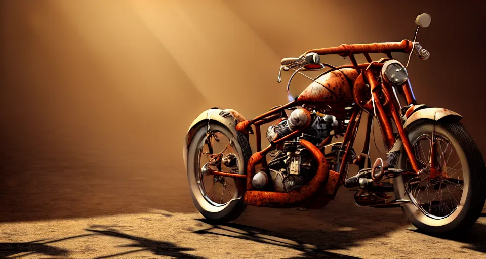 Prompt: A close up view of a rusty 1950's Harley Davidson chopper in a dusty repair shop, soft lighting, crepuscular rays, realistic octane render, 8k, ultra detailed, concept art