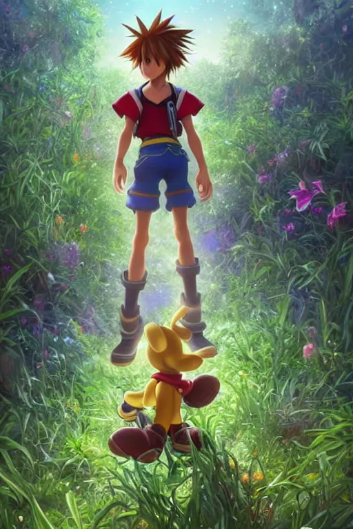 Image similar to sora from kingdom hearts, wavy hairstyle, highly detailed, in a magical lush field of overgrown plants, goofy and Donald Duck blurred in the background, digital painting, artstation, concept art, smooth, sharp focus, illustration, cinematic lighting, art by artgerm and greg rutkowski and alphonse mucha