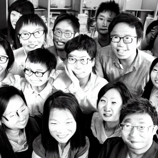 Image similar to Photograph of a group of happy asian mathematicians. Highly realistic. Highly detailed. High resolution. Dramatic. 8k