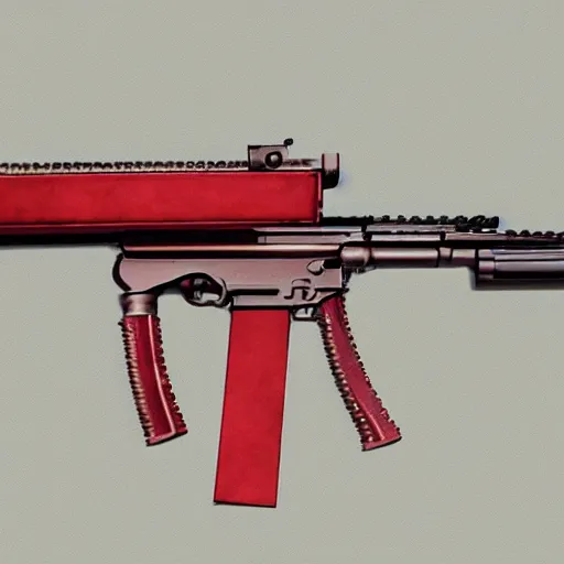 Image similar to a rifle made of red raw flesh and bone, visceral