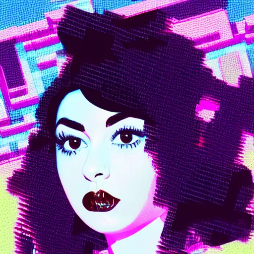 Image similar to Charli XCX, Macintosh Plus, glitchcore, vaporwave, scanlines, detailed