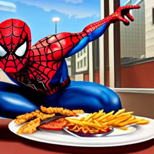 Prompt: spiderman eating greasy food from arby's restaurant, photorealistic, highly detailed,