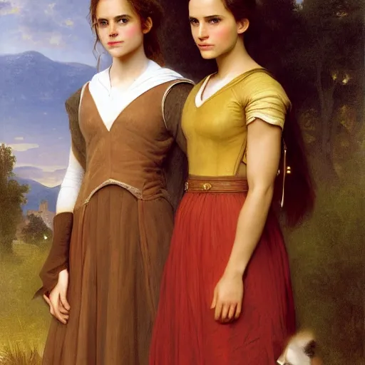 Prompt: Painting of Emma Watson as Hermione Granger standing next to Natalie Portman as Padme Amidala. Art by william adolphe bouguereau. During golden hour. Extremely detailed. Beautiful. 4K. Award winning.