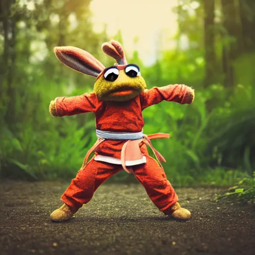 Image similar to a little brown karate loving ninja bunny that is a muppet wearing cool ninja clothes and practicing her karate out in nature, photorealistic, photography, ambient occlusion, rtx, national geographic, sesame street