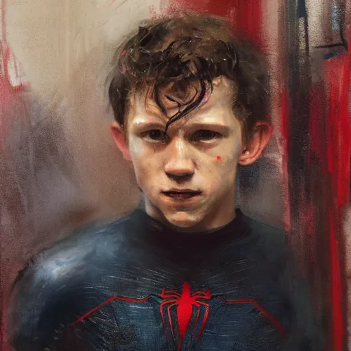 Image similar to portrait of an emotional tom holland as spiderman, by jeremy mann, anders zorn.