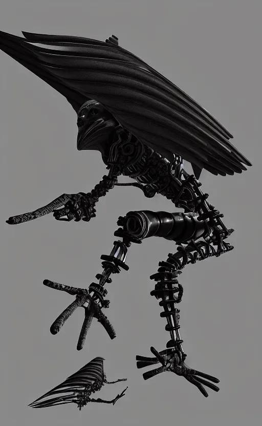 Image similar to biomechanical corvid, style of h. r. geiger, cinematic render