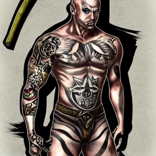 Image similar to muscular bald man, tattooed body, sword in hands, HD, anime style,