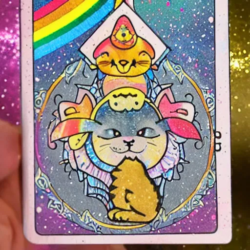 Prompt: cute kitten rainbow cosmic glittery goldleaf tarot