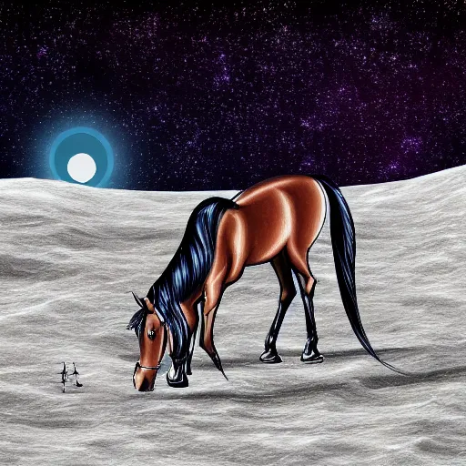 Image similar to a horse, grazing on the moon, trending on artstation, anime style