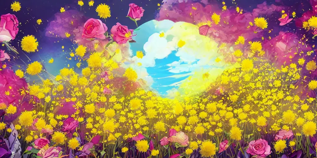 Prompt: background art of magic invisible blade slicing through a bouquet of yellow daisies, flowers exploding spraying and splattering, big puffy clouds, exploding roses, force waves, large rose petals, lotus petals, large polygonal background elements, large polygons, studio ghibli anime, radiant lighting, artgerm, manga, trending on artstation, art nouveau, mature colors