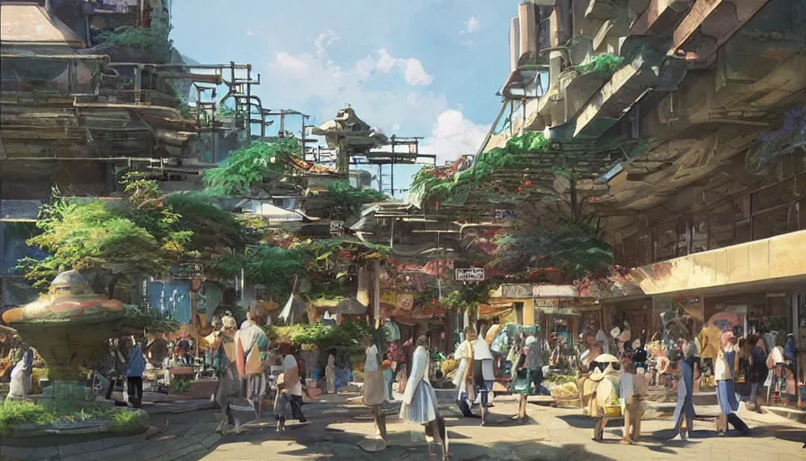 Prompt: “ craig mullins and studio ghibli illustration of 1 9 8 0 s shopping mall, lush landscape, 1 9 8 0 s pop culture landscape, big fountains, unreal engine, hyper realism, realistic shading, cinematic composition, realistic render, octane render, detailed textures, photorealistic, wide shot ”