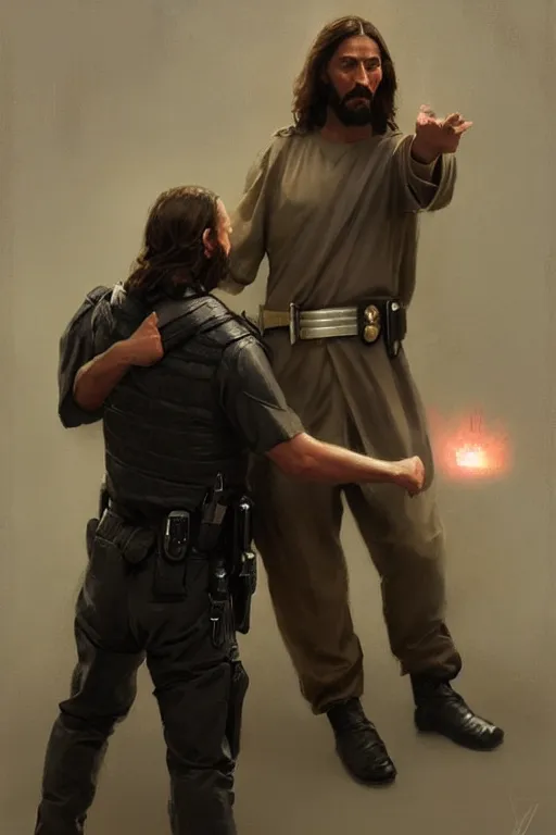 Prompt: jesus christ arresting a police officer, style of greg rutkowski