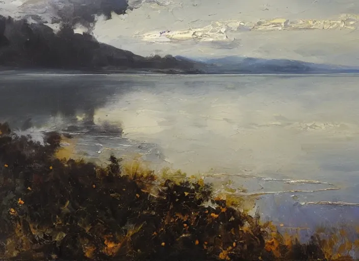 Prompt: palette knife, impasto oil painting of silent calm lake shore by cordelia wilson, thick paint brush strokes, art by anders zorn, wonderful masterpiece by greg rutkowski, beautiful cinematic light, american romanticism by greg manchess, creation by tyler edlin