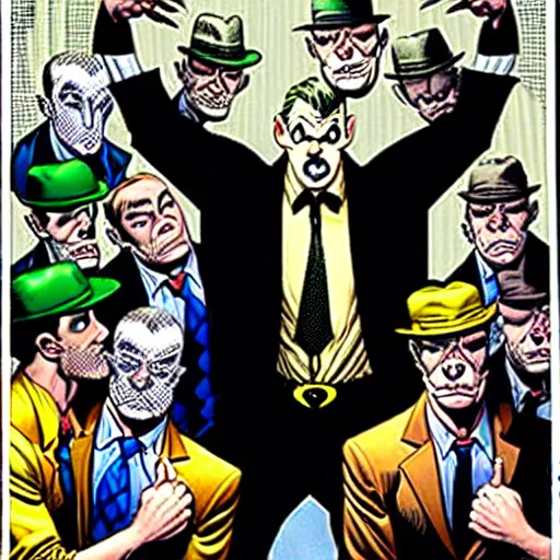 Prompt: drawing of gotham city's finest investigative reporter jack ryder with 1 4 tiny jokers reaching out of his mouth, 4 k art by brian bolland, graphic novel cover art