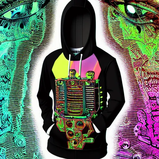 Prompt: mockup of a black hoodie with a hyperdetailed portrait of a steampunk robot on lsd in robert crumb style, 8 k, symetrical, flourescent colors, trippy mood, multicolored,