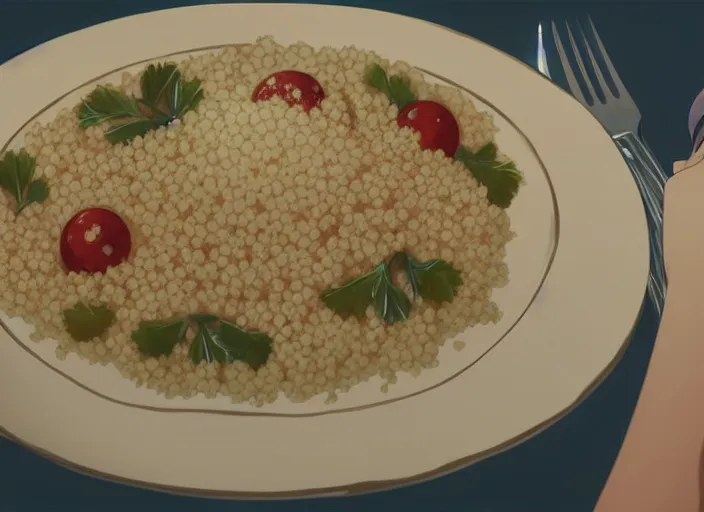 Prompt: a film still portrait of a tunisian couscous, finely detailed features, closeup at the food, perfect art, at a dinner table, gapmoe yandere grimdark, trending on pixiv fanbox, painted by greg rutkowski makoto shinkai takashi takeuchi studio ghibli, akihiko yoshida