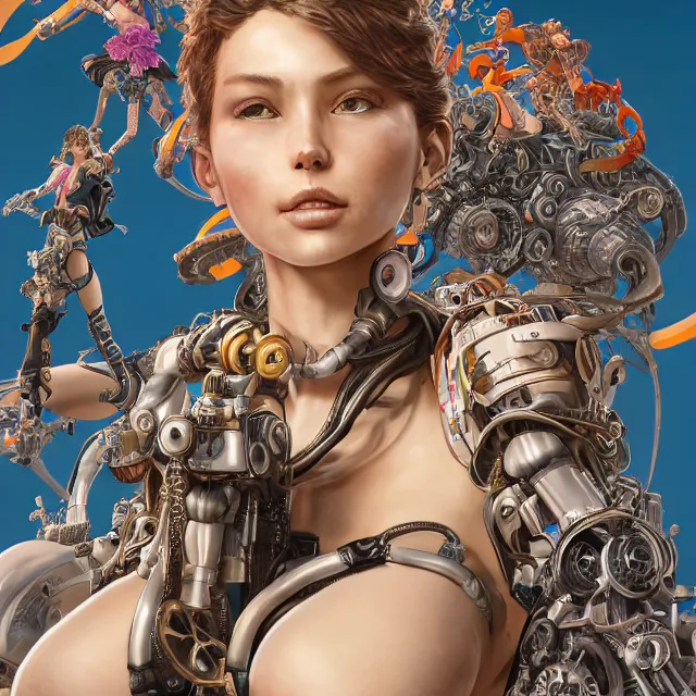 Image similar to the portrait of true neutral semi - colorful female cyborg mechanist as absurdly beautiful, gorgeous, elegant, young swimsuit model, an ultrafine hyperdetailed illustration by kim jung gi, irakli nadar, intricate linework, bright colors, octopath traveler, final fantasy, unreal engine 5 highly rendered, global illumination, radiant light, detailed and intricate environment