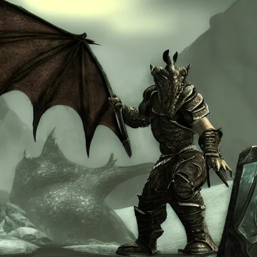 Prompt: Dragonborn using a laptop computer in Skyrim