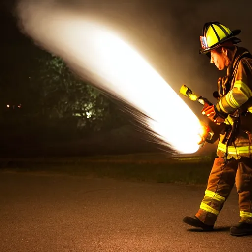 Image similar to photo of a firefighter using a flamethrower projecting a long flame. highly-detailed