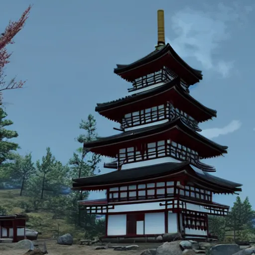 Image similar to chureito pagoda at mount fuji in ruins post - nuclear war in fallout 4, in game screenshot