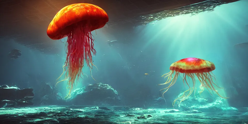 Image similar to underwater enviroment with a giant Rainbow Jellyfish.boss creature , unreal 5, hyperrealistic, realistic, photorealistic, dynamic lighting, highly detailed, cinematic landscape, studio landscape, studio lighting