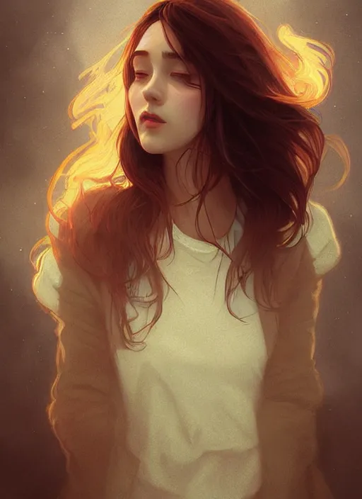 Image similar to handsome young women with shoulder length brown hair, smoke, foggy, half body shot, path traced, highly detailed, high quality, digital painting, alena aenami, lilia alvarado, shinji aramaki, karol bak, alphonse mucha, tom bagshaw