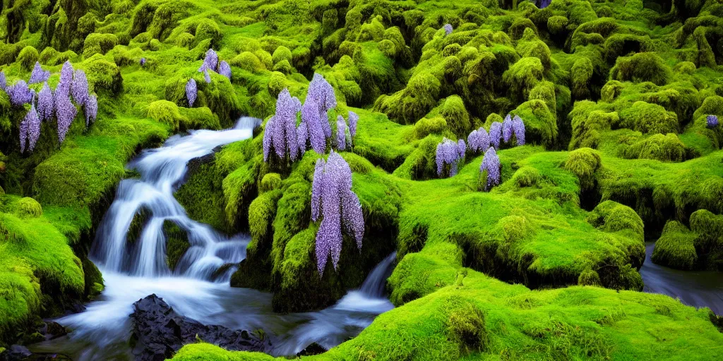 Image similar to photo of a landscape with lush forest nad flowers, wallpaper, very very wide shot, iceland, new zeeland, green flush moss, national geographic, award landscape photography, professional landscape photography, waterfall, stream of water, wisteria flowers, big sharp rock, ancient forest, primordial, sunny, day time, beautiful