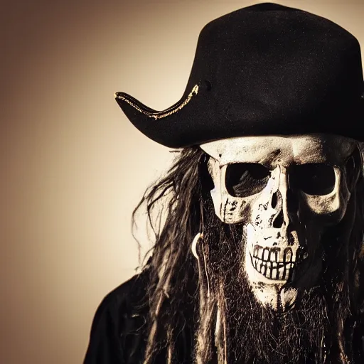 Prompt: portrait photo of a dirty rugged old pirate lord wearing dirty old black hat, black coat and a worn ans stained skull bone mask, long black beard and long black hair, cinematic dark lighting, movie scene, dslr photo, depth of field