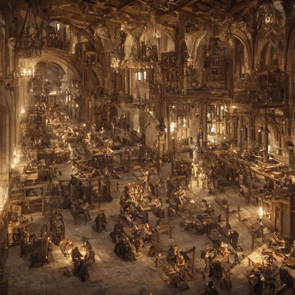 Prompt: photo of medieval craftsmen working inside a medieval building, hypermaximalistic, high details, cinematic, 8k resolution, beautiful detailed, insanely intricate details, artstation trending, octane render, unreal engine