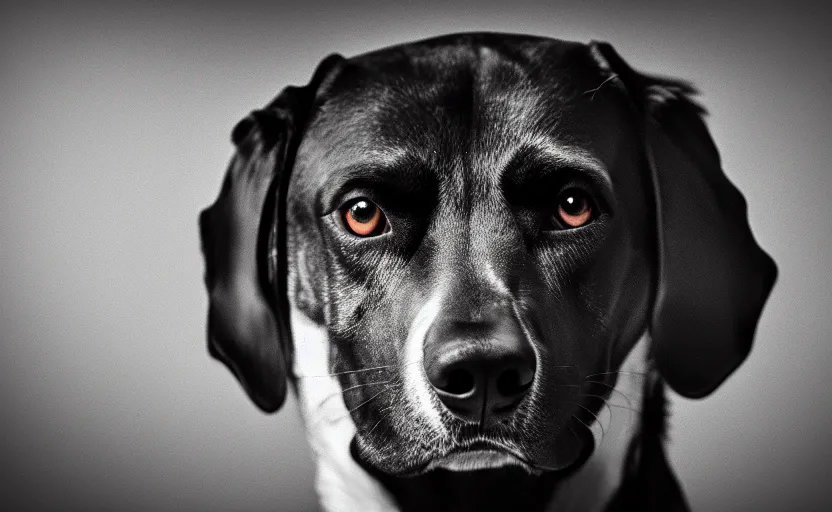 Prompt: studio photography of a dog, detailed face, hyper realistic, cinematic lighting, dark atmosphere, 8 k