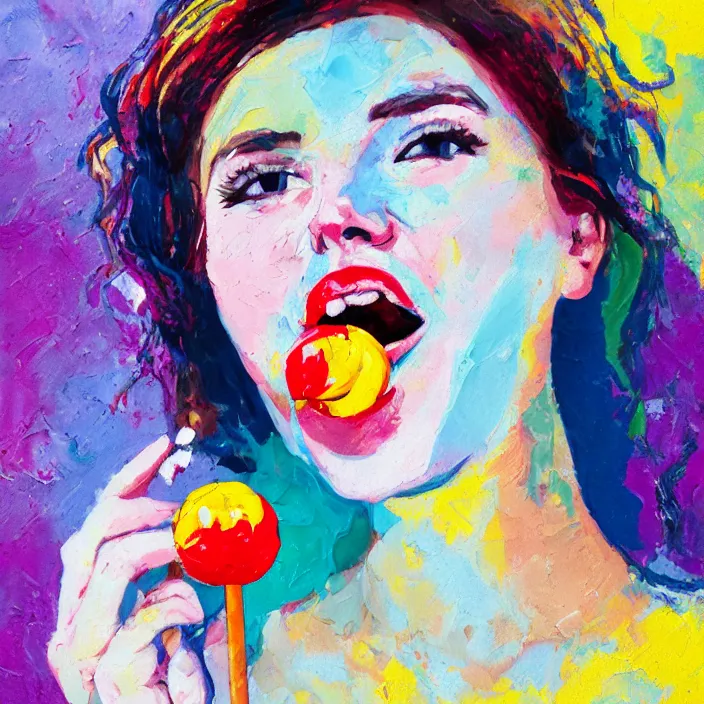 Image similar to portrait of beautiful woman licking a lollipop painted with colorful gouache impasto