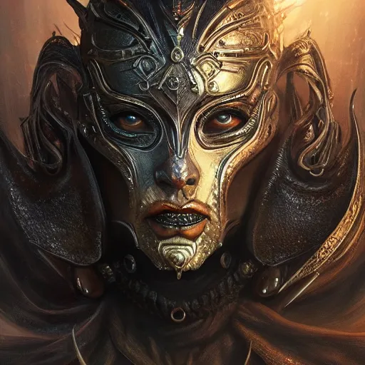 Image similar to Very very very very highly detailed epic photo of face with demonic venetian mask, intricate, dystopian, sci-fi, extremely detailed, digital painting, artstation, concept art, smooth, sharp focus, illustration, intimidating lighting, incredible art by Artgerm and Vincent di Fate