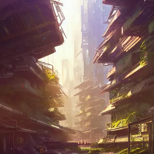 Prompt: A futuristic Tokyo solarpunk scientific overgrown metropolis on a sunny day, solar panels, art by Andreas Rocha and greg rutkowski, highly detailed, digital painting, matte painting, concept art, illustration, warm lighting, trending on artstation, very detailed