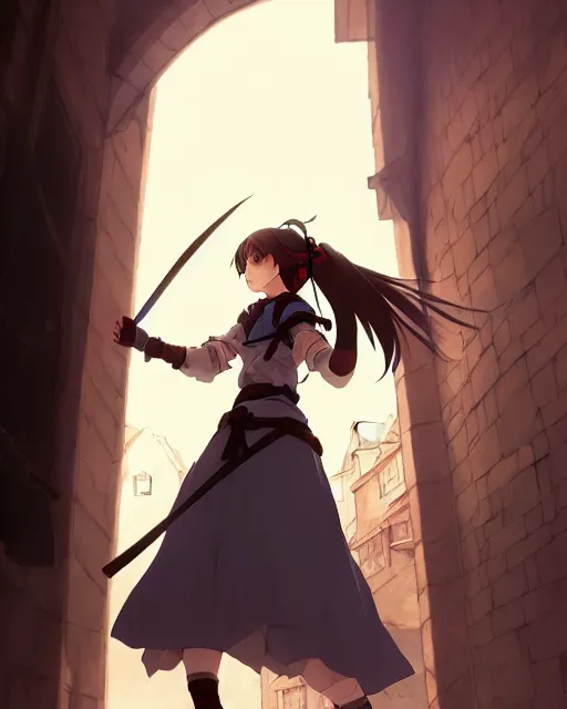 Image similar to pixiv, key anime visual portrait of a young female walking through a medieval village, dynamic pose, dynamic perspective, cinematic, dramatic lighting, detailed silhouette, film grain, yoshitaka amano, tending on artstation, face by yoh yoshinari, detailed, intricate