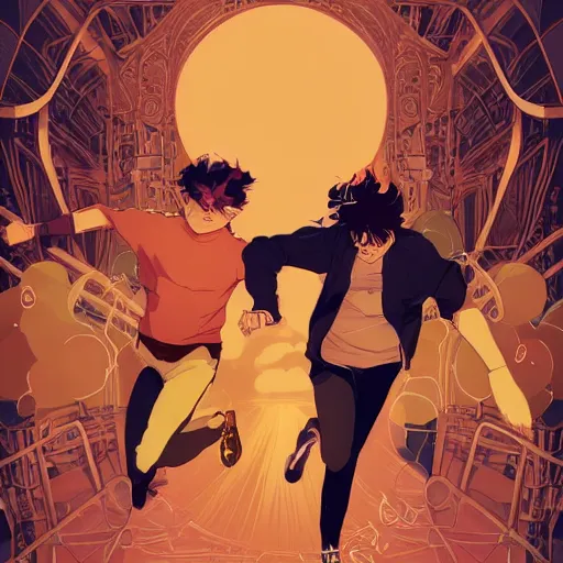 Image similar to a drawing of a young man with brown hair and a young muscular man with orange hair running frantically together, a poster by victo ngai and krenz cushart, pixiv contest winner, art nouveau, official art, wiccan. colorful. beautiful.