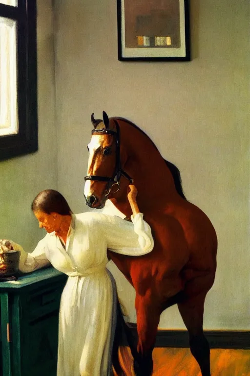 Prompt: a woman mounting a horse that looks like a man, hauntingly surreal, highly detailed painting by francis bacon, edward hopper, adrian ghenie, gerhard richter, and james jean soft light 4 k,