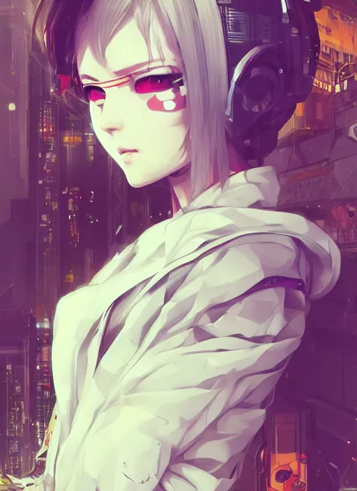 Image similar to portrait Anime girl cyberpunk, cute-fine-face, white-hair pretty face, realistic shaded Perfect face, fine details. Anime, cyberpunk. realistic shaded lighting by Ilya Kuvshinov and Gustav Klimt