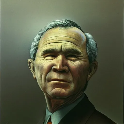 Prompt: Zdzisław Beksiński painting of George W. Bush