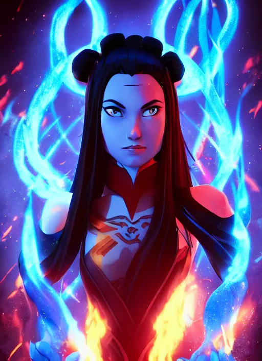 Image similar to azula from avatar the last airbender posing, blue flames, dark atmosphere, cinematic shot, intricate, ornate, photorealistic, movie poster, ultra detailed, realistic, 1 0 0 mm, photography, octane, high definition, depth of field, realism, 8 k, artstation
