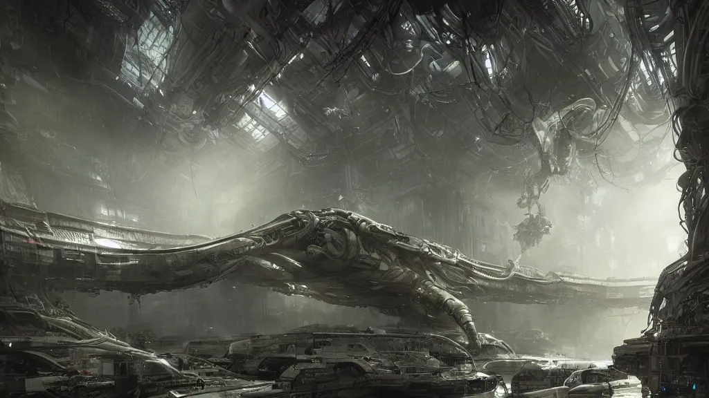 Image similar to a Photorealistic dramatic hyperrealistic,hyper detailed render by Greg Rutkowski,Craig Mullins,Nicolas Bouvier SPARTH, Juan Gimenez,Enki Bilal,ILM of an Epic Sci-Fi, Gigantic Alien xenomorph spaceship inside huge interior hangar,intricate bio mechanical surface details,many tubes and cables hanging from the ceiling,Beautiful dynamic dramatic dark moody lighting,contrast and shadows,Volumetric,Cinematic Atmosphere,Octane Render,Artstation,8k